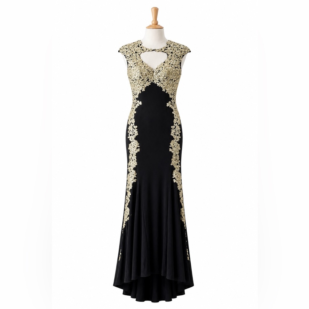Betsy & Adam Black & Gold Embroidered Formal Gown | Open Back | Size 2